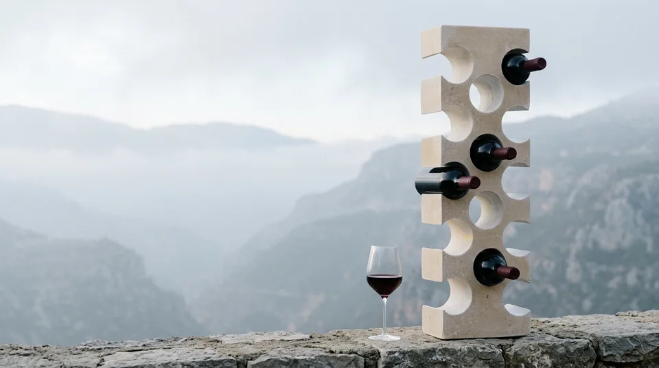 Qadisha rack in cream limestone with a glass of red wine on a stone wall above the misty Qadisha Valley